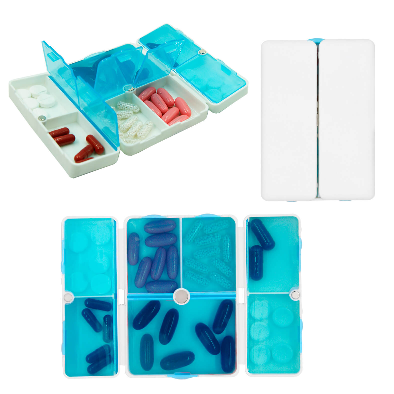 Pastillero de plástico plegable con broche magnético y 8 compartimentos. AZUL