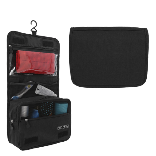 Estuche de viaje de poliéster que incluye: compartimento con broche de velcro, gancho de plástico, 3 compartimentos internos con cierre y organizadores, 2 compartimentos con malla, asa y compartimento trasero. NEGRO