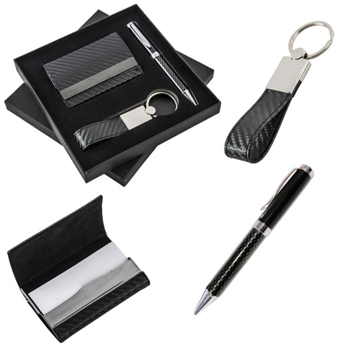 Set ejecutivo: Incluye llavero metálico, tarjetero, bolígrafo y estuche de regalo. NEGRO