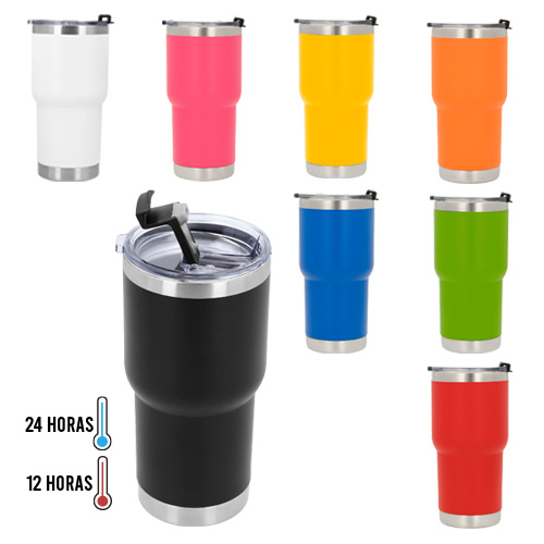 Termo con doble pared de acero inoxidable insulado al vacío con acabado rugoso. Incluye tapa transparente de cierre a presión. AMARILLO