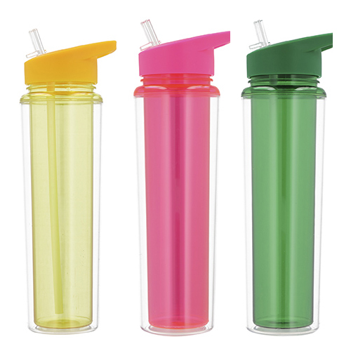 Cilindro de plástico de doble pared con popote y boquilla. AMARILLO