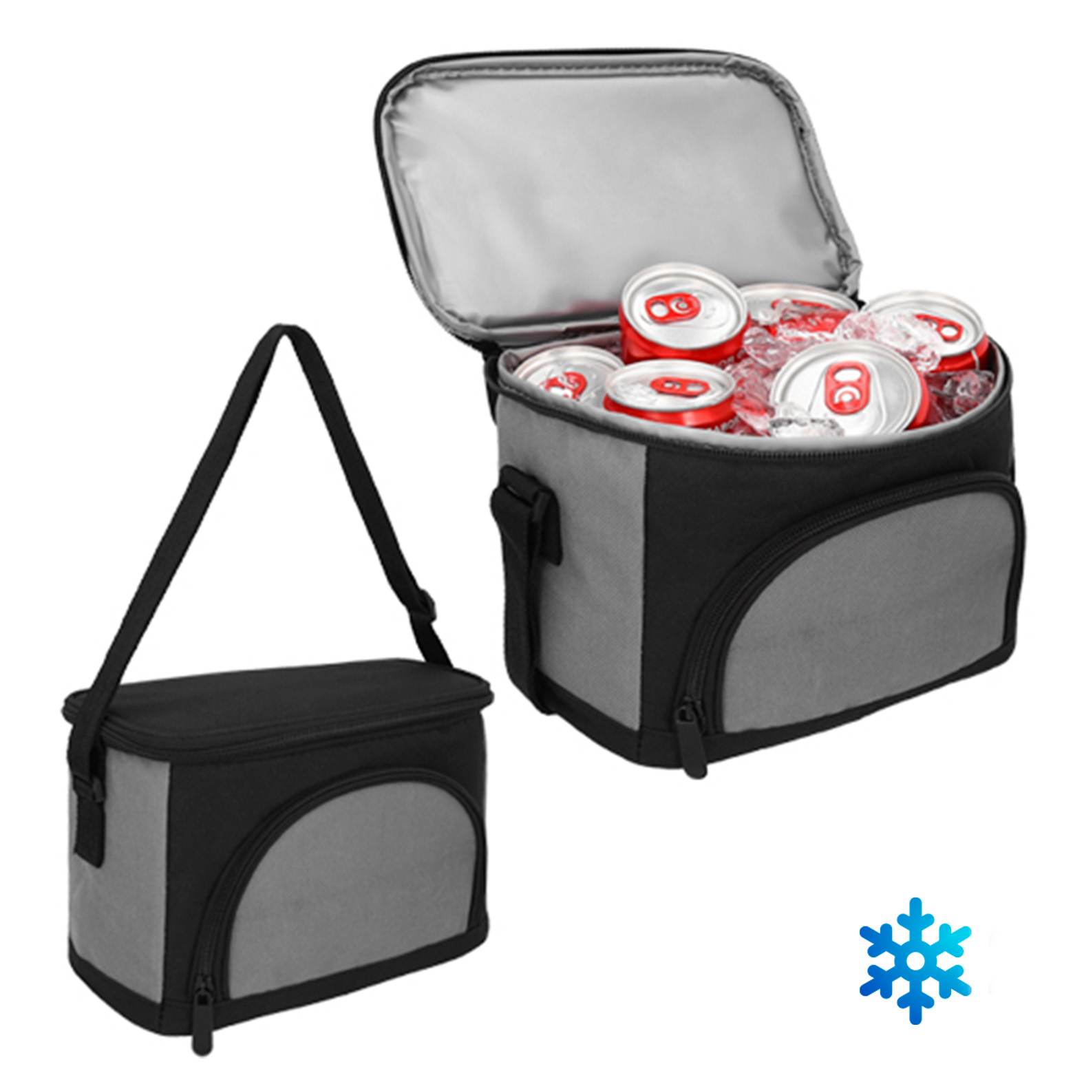 Hielera de poliéster con interior impermeable plástificado, compartimento con cierre en la parte frontal y correa ajustable. NEGRO