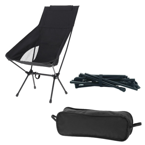 Silla portátil plegable de metal con asiento y respaldo de poliéster. Incluye funda de cierre con asa. NEGRO