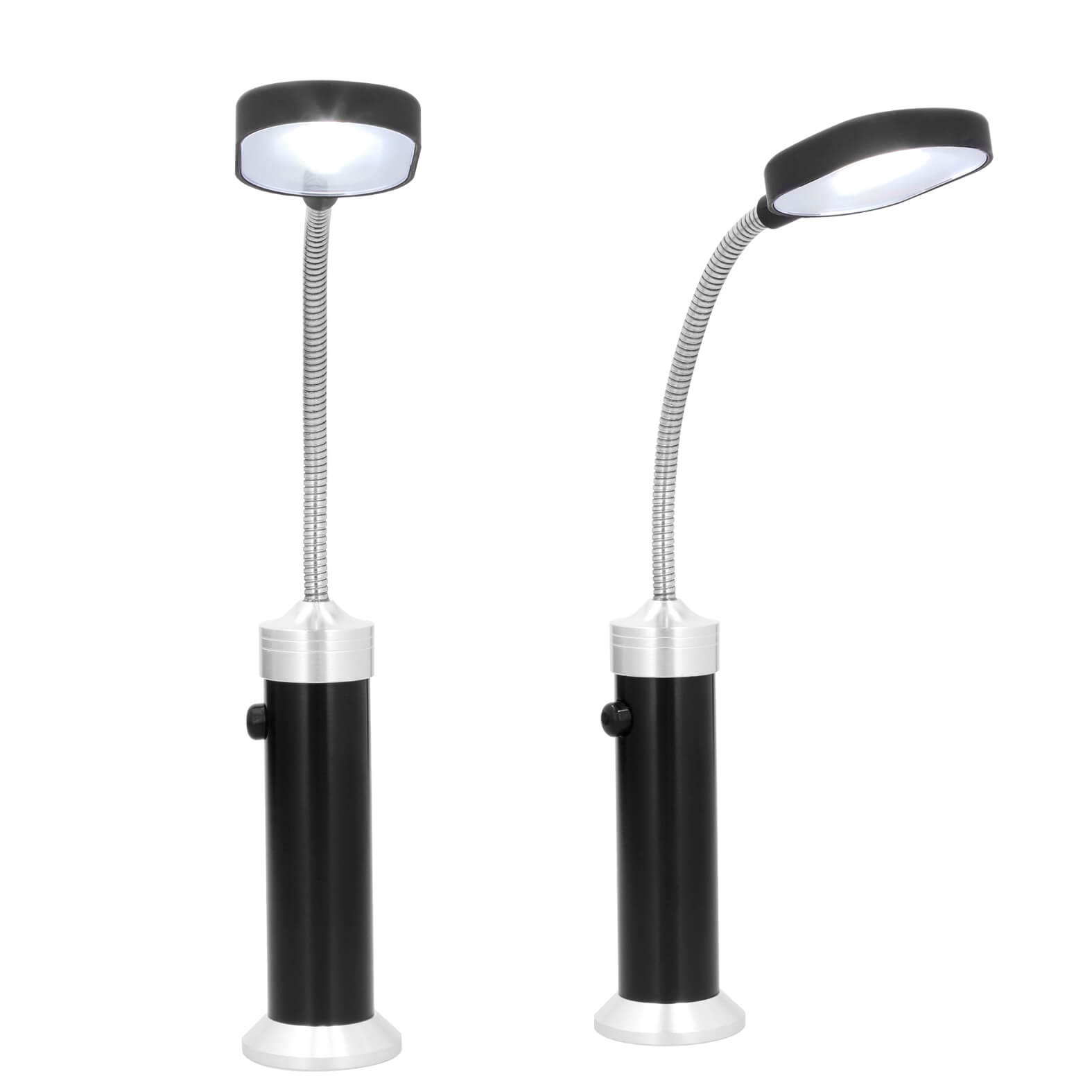 Lámpara portátil metálica con luz LED que enciende con 3 baterías AAA (no incluidas), botón de encendido de click, soporte flexible e imán en la parte inferior. NEGRO
