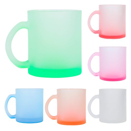 Taza de vidrio sublimable con acabado frost, degradado en la base y asa. AZUL