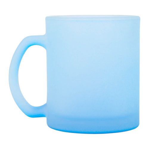 Taza de vidrio sublimable con acabado frost, degradado en la base y asa. AZUL
