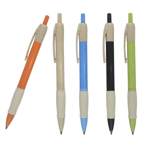 Bolígrafo con clip, barril y punta de wheat straw (fibra de trigo), grip de goma y mecanismo de click. AZUL