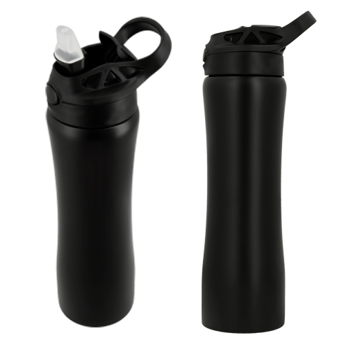 Cilindro de acero inoxidable con tapa enroscable, boquilla abatible, popote y agarradera. NEGRO