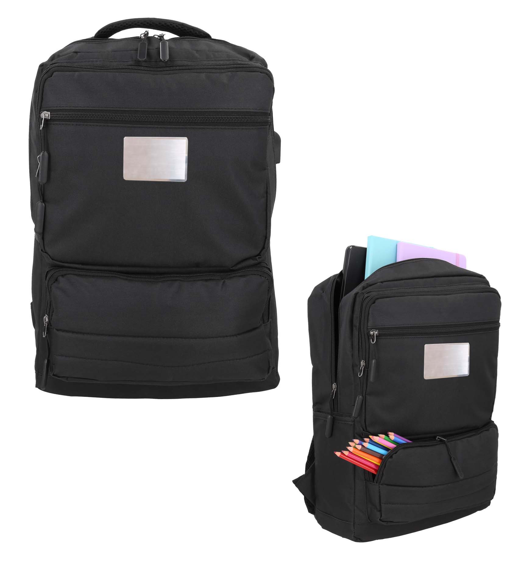Mochila con compartimento principal, espacio para laptop acolchada de 16", tres compartimentos frontales, dos compartimetos laterales y asa. NEGRO