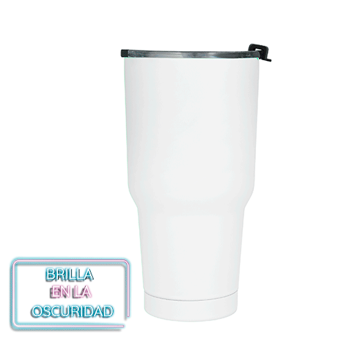 Termo de acero inoxidable con doble pared que brilla en la oscuridad. Incluye tapa de presión. BLANCO