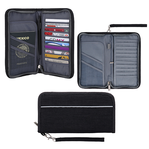 Porta pasaporte de poliéster con cierre y organizador de tarjetas. NEGRO