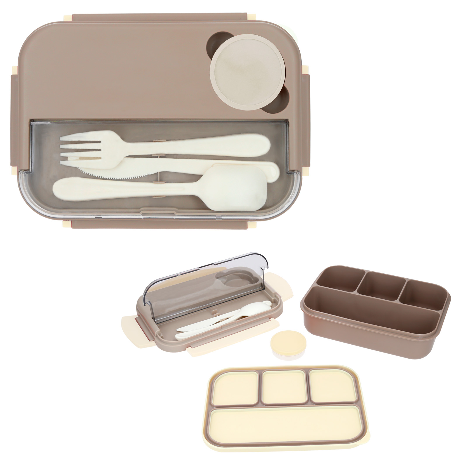 Contenedor de alimentos de plástico con 4 compartimentos, con doble tapa, 4 broches de seguridad y mini recipiente. Incluye cuchara, tenedor y cuchillo. GRIS