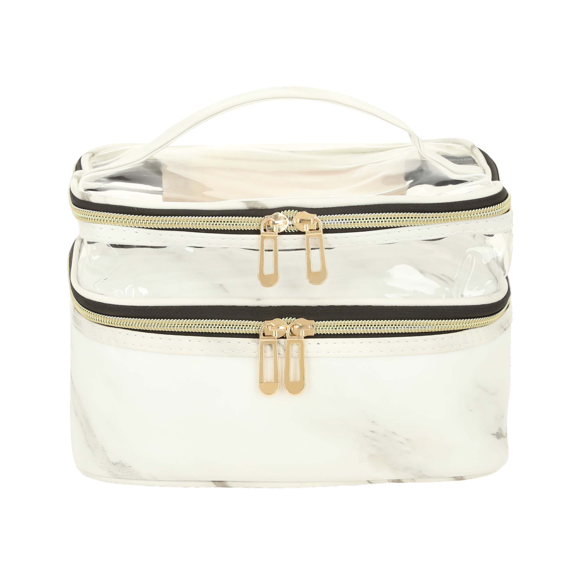 Cosmetiquera con apariencia de mármol, doble nivel, uno color sólido, uno transparente con asa en la parte superior y fuelle de 17 cm. BLANCO
