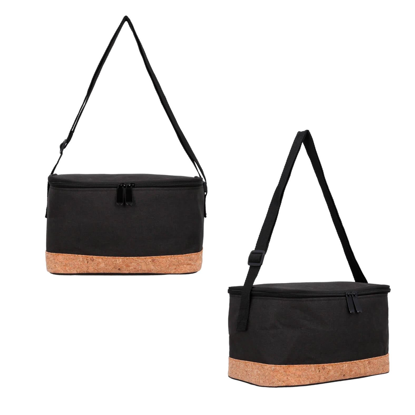 Lonchera de poliéster con interior metalizado, doble cierre, correa ajustable y detalle de corcho en la parte inferior. NEGRO