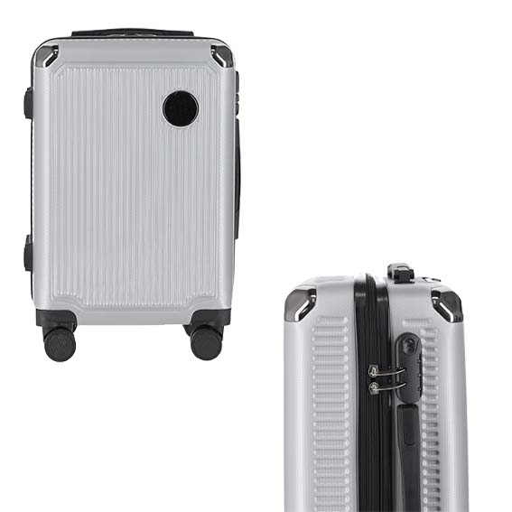 Maleta de plástico para viaje, con doble rueda giratoria, asa metálica retráctil y candado de seguridad. GRIS