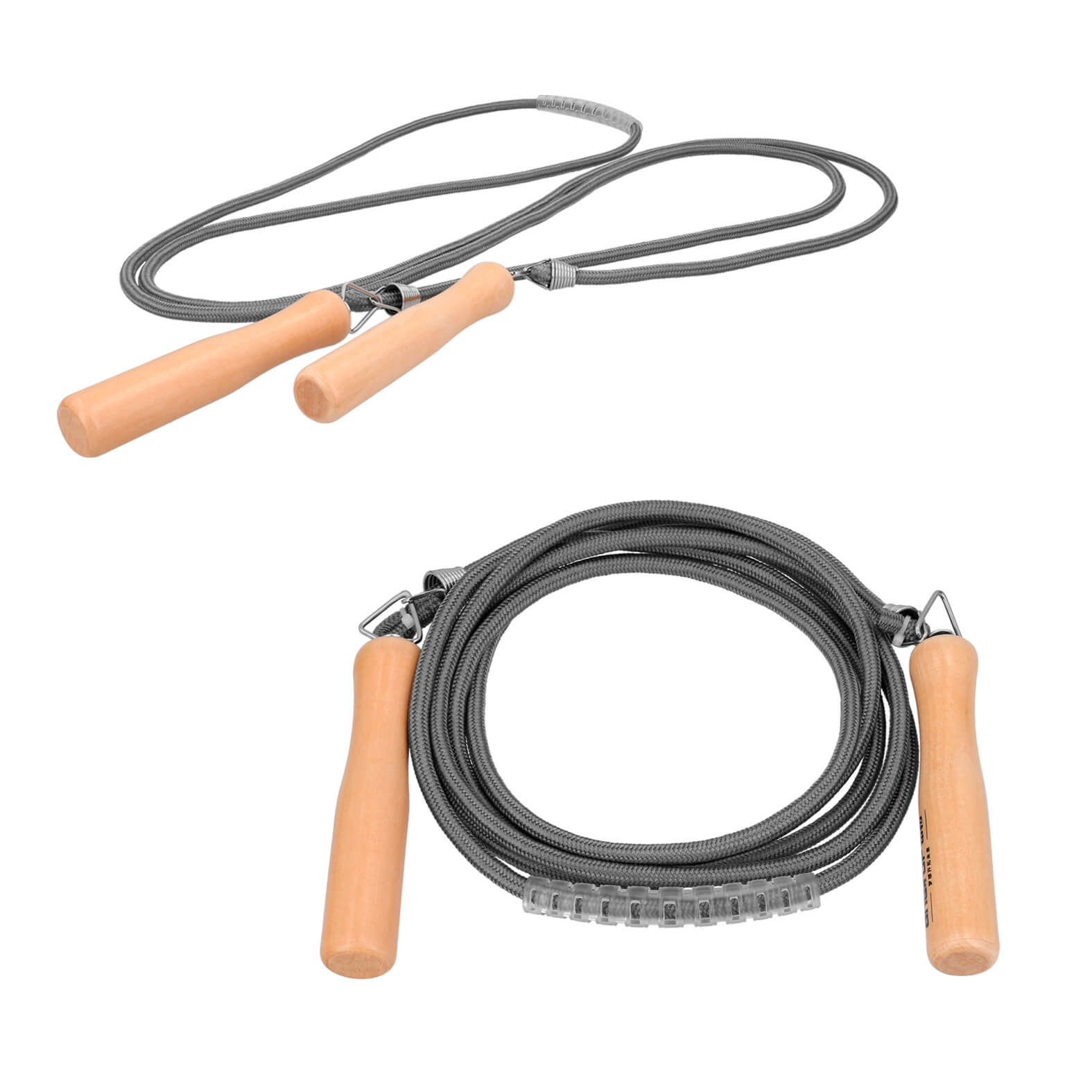 Cuerda deportiva de poliéster con mango de madera y seguros de metal con goma de equilibrio. GRIS