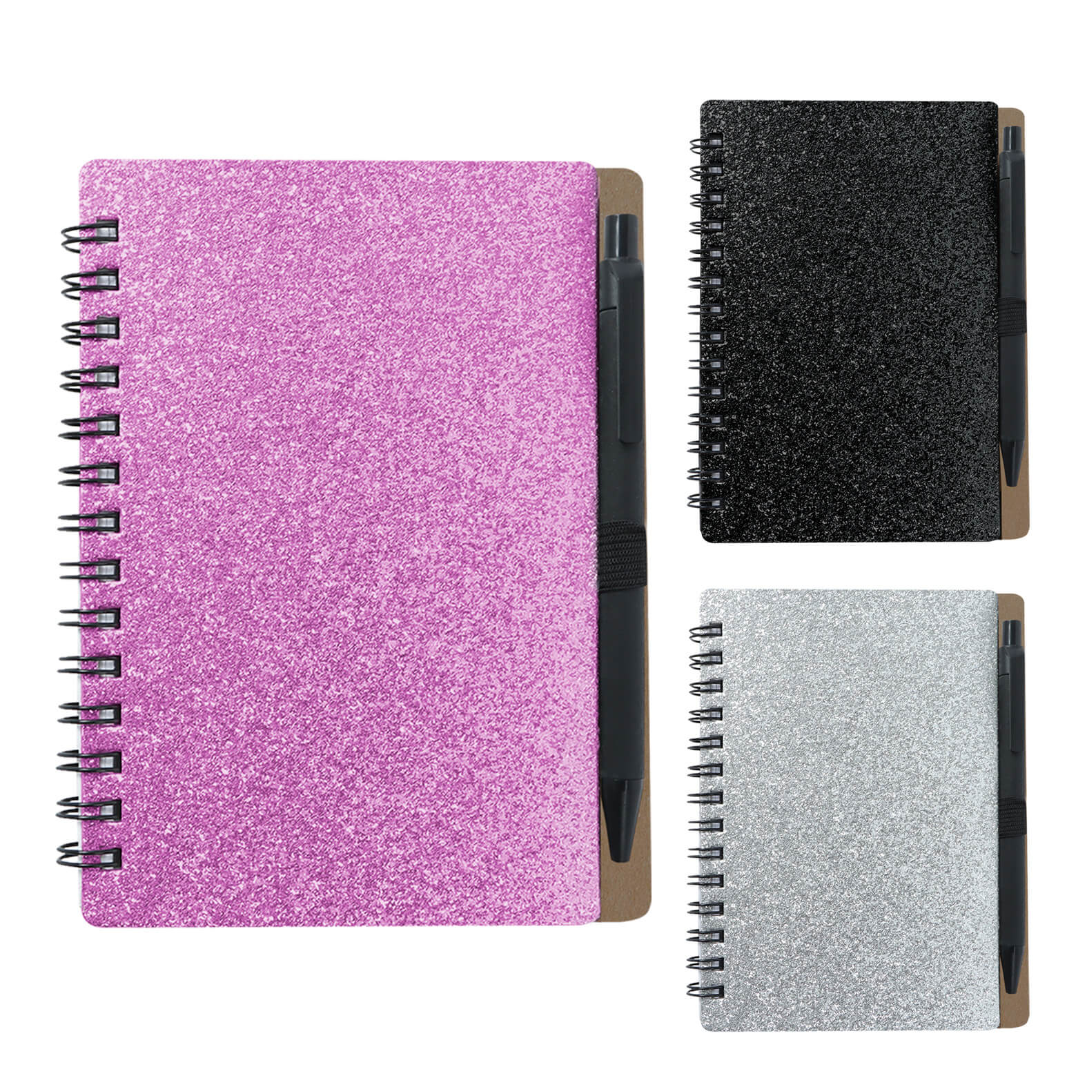 Mini libreta ecológica con espiral, purpurina, bolígrafo y 70 hojas de raya. NEGRO