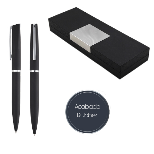 Bolígrafo metálico con tapa de plástico y acabado rubber en todo el cuerpo. Incluye estuche. NEGRO