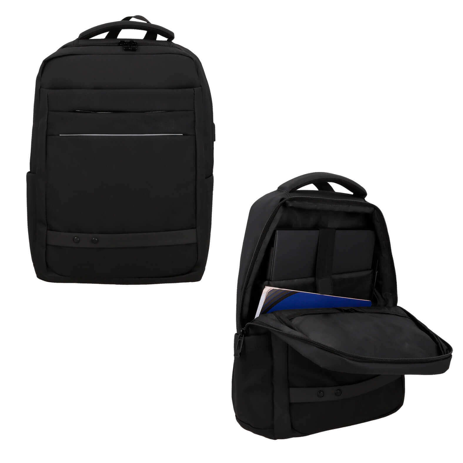 Mochila con 3 compartimentos, 1 compartimento principal con porta laptop, entrada lateral de batería portátil, organizador interno, 2 bolsas laterales, respaldo acolchado, carry on, tirantes y asa superior. NEGRO