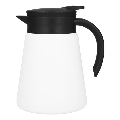 Jarra con doble pared de acero inoxidable, asa, boquilla y tapa enroscable de plástico. Cuenta con botón a presión para servir tus bebidas. BLANCO