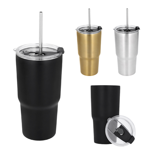 Termo con doble pared de acero inoxidable con tapa traslúcida y cierre a presión, boquilla de seguridad de plástico, boquilla de silicón cubre popote y popote metálico incluido. DORADO