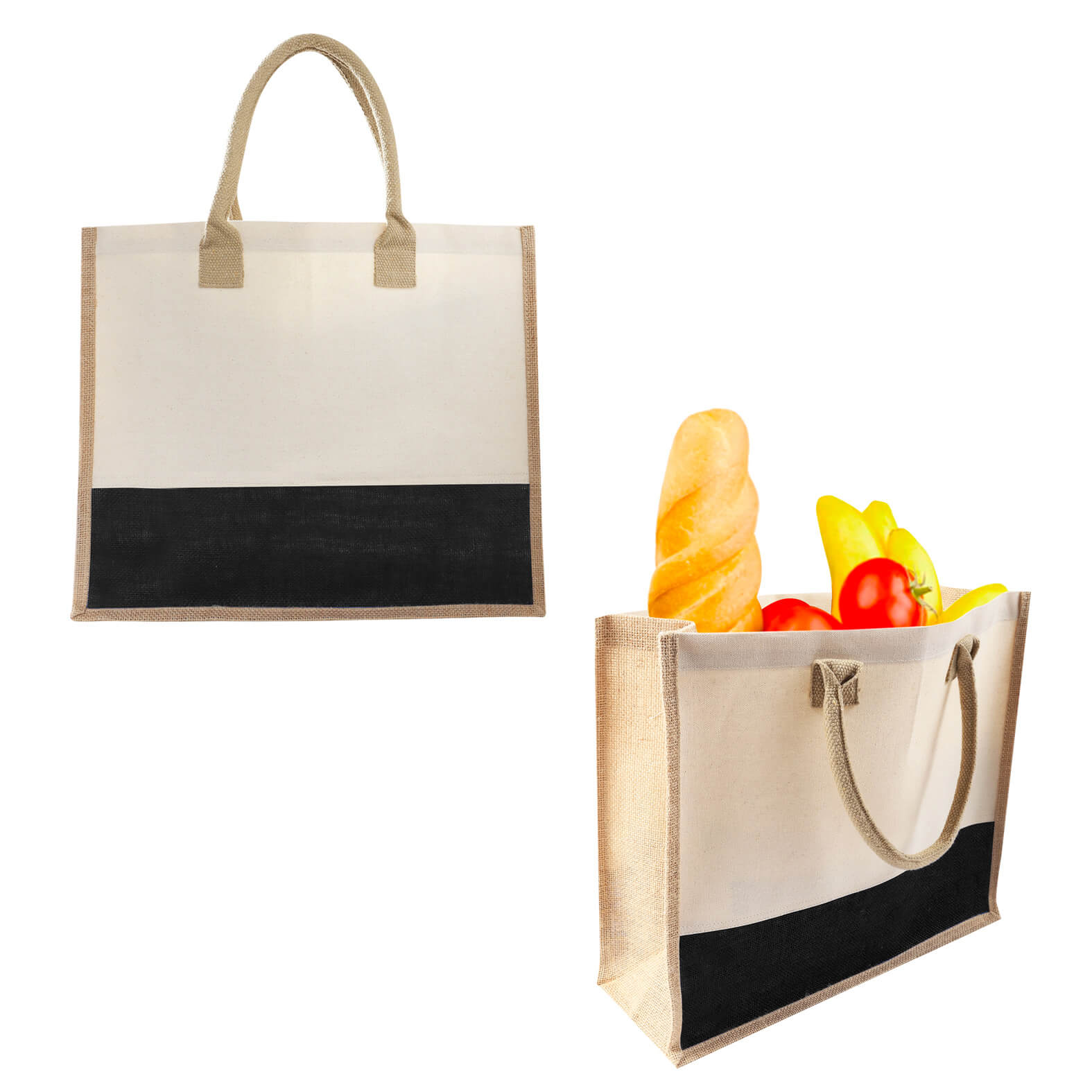 Bolsa de loneta laminada con yute de 1 compartimento y asas. NEGRO