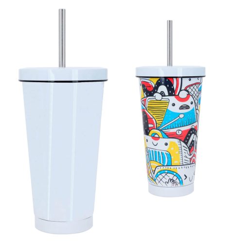 Termo sublimable con doble pared de acero inoxidable, insulado al vacío, popote metalico y tapa enroscable. BLANCO