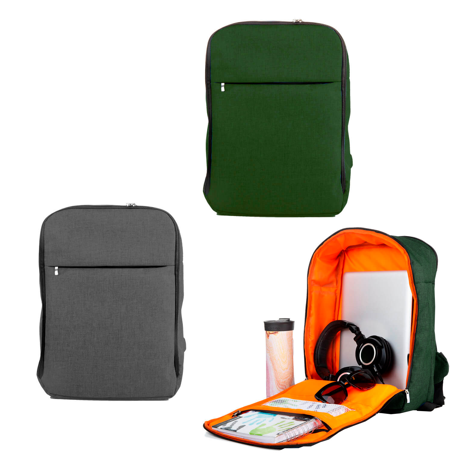 Mochila de un compartimento con bolsa frontal de cierre, bolsa interna de malla con cierre, respaldo y correas ajustables acolchados, interior con forro y asa superior. GRIS