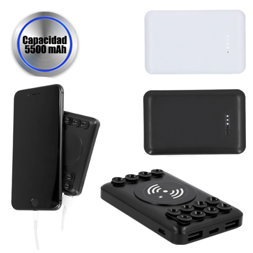 Batería portátil de plástico wireless con ventosas para sujetar el teléfono con botón de encendido y apagado, 2 puertos de salida USB, entrada micro USB e indicador de carga. BLANCO