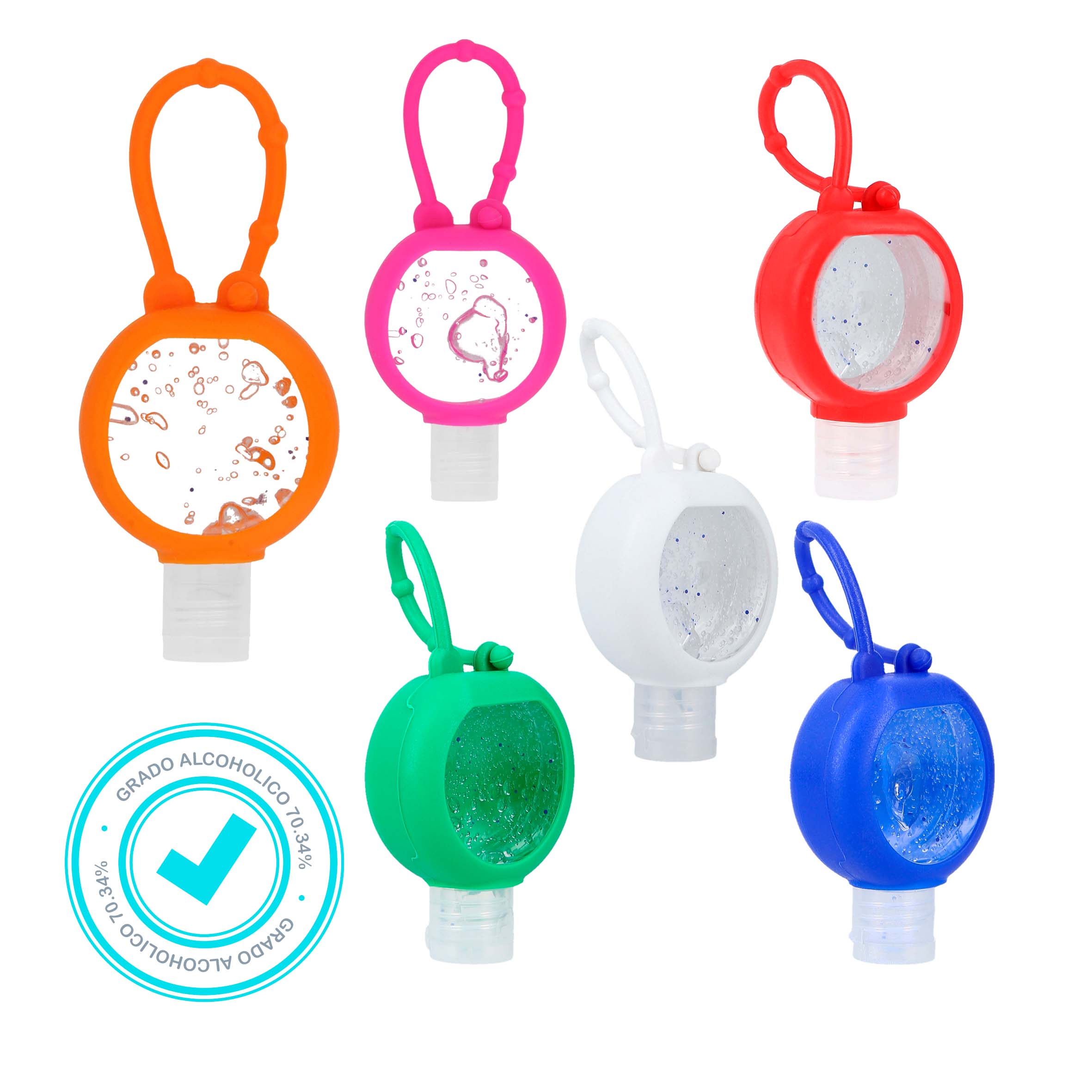 Gel antibacterial en botella de plástico con funda de silicón. Porcentaje de alcohol: 68 %. AZUL