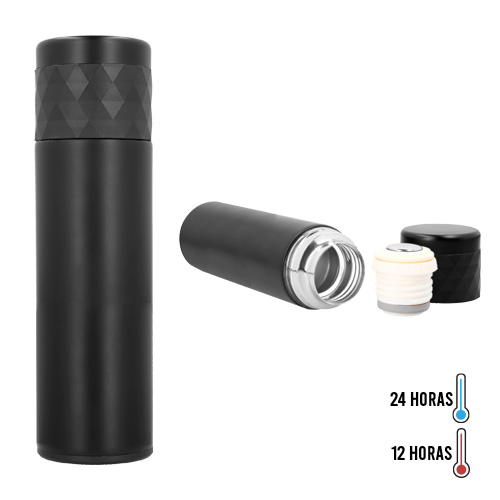 Termo de doble pared de acero inoxidable con tapa que se utiliza como vaso. NEGRO