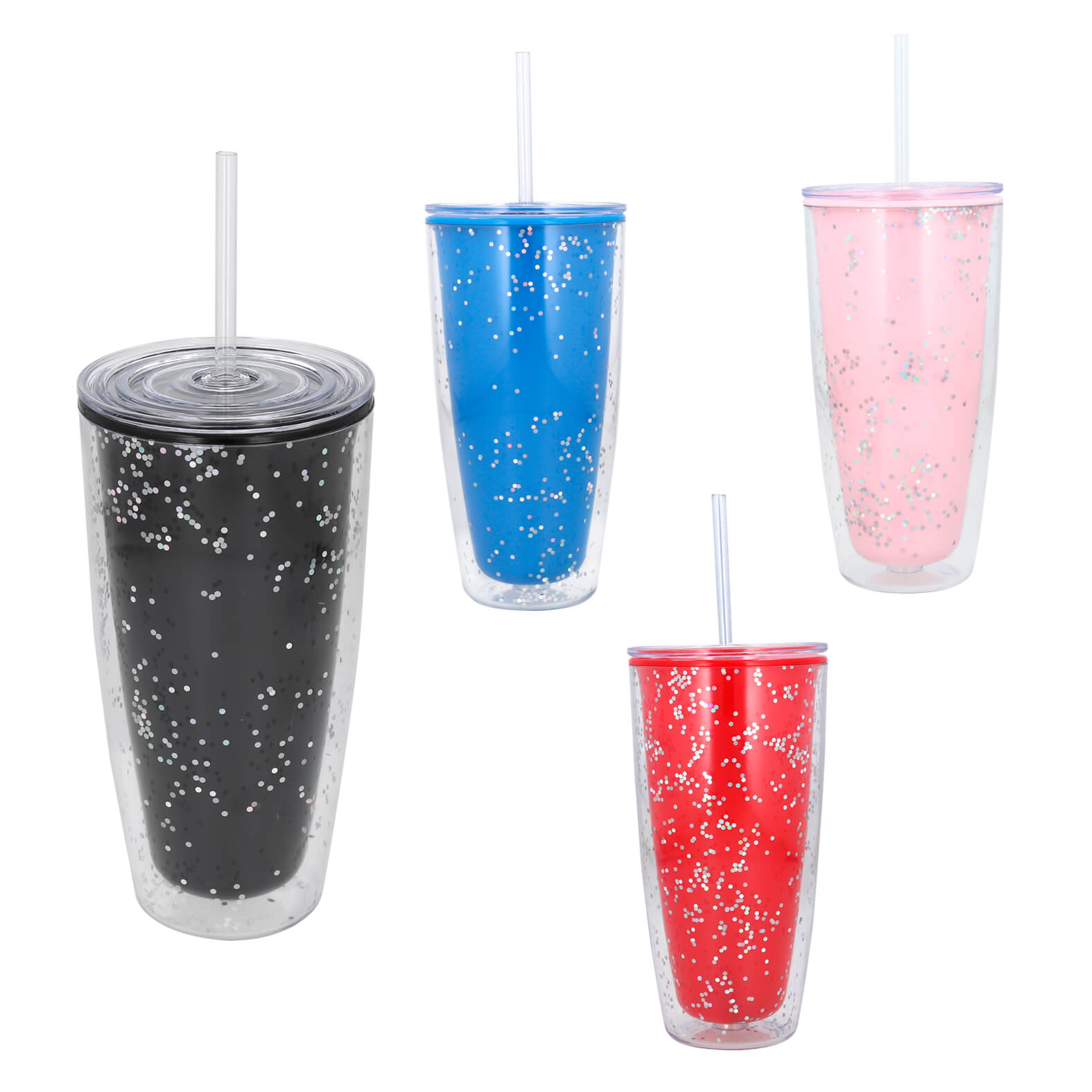 Vaso con doble pared de plástico, tapa enroscable y popote. AZUL