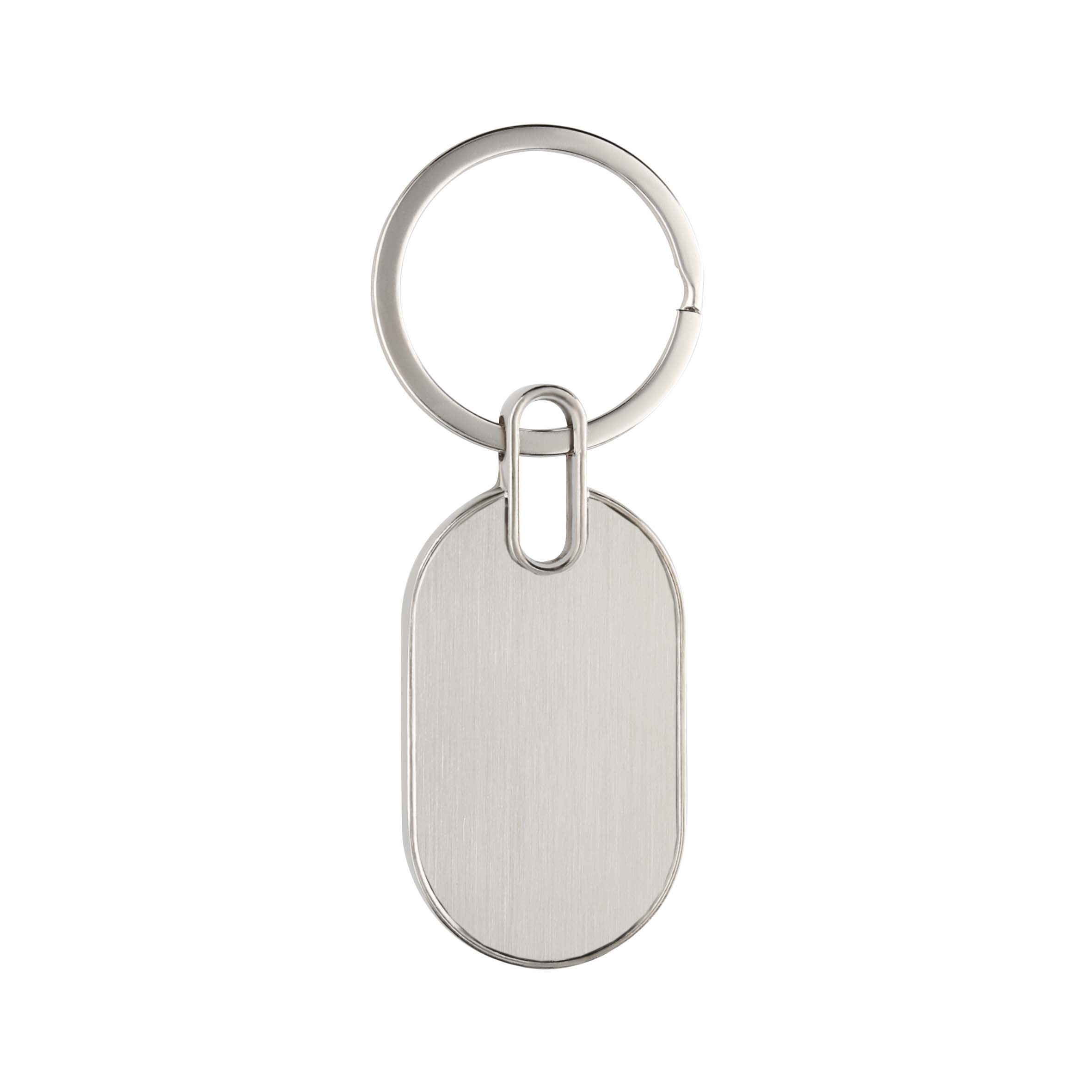 Llavero metálico de placa solida en forma de ovalo con arillo reforzado. PLATA