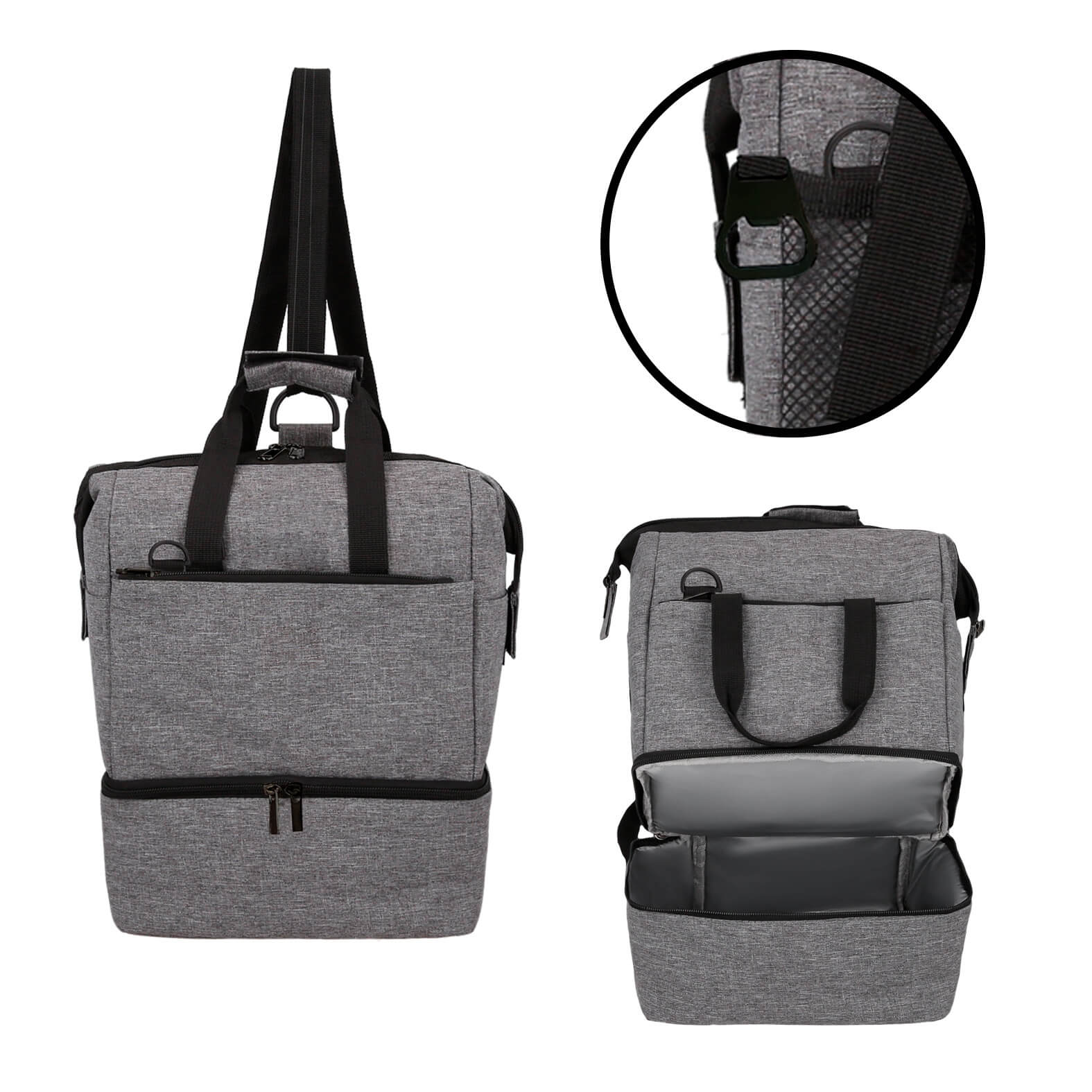 Lonchera con 2 compartimentos, 1 compartimento principal con doble cierre, 1 compartimento secundario en la parte inferior, 1 bolsa frontal, 2 bolsas laterales con broche de velcro, destapador, 1 bolsa de malla con velcro en la parte posterior, tirantes ajustables y 2 asas con broche de velcro. GRIS
