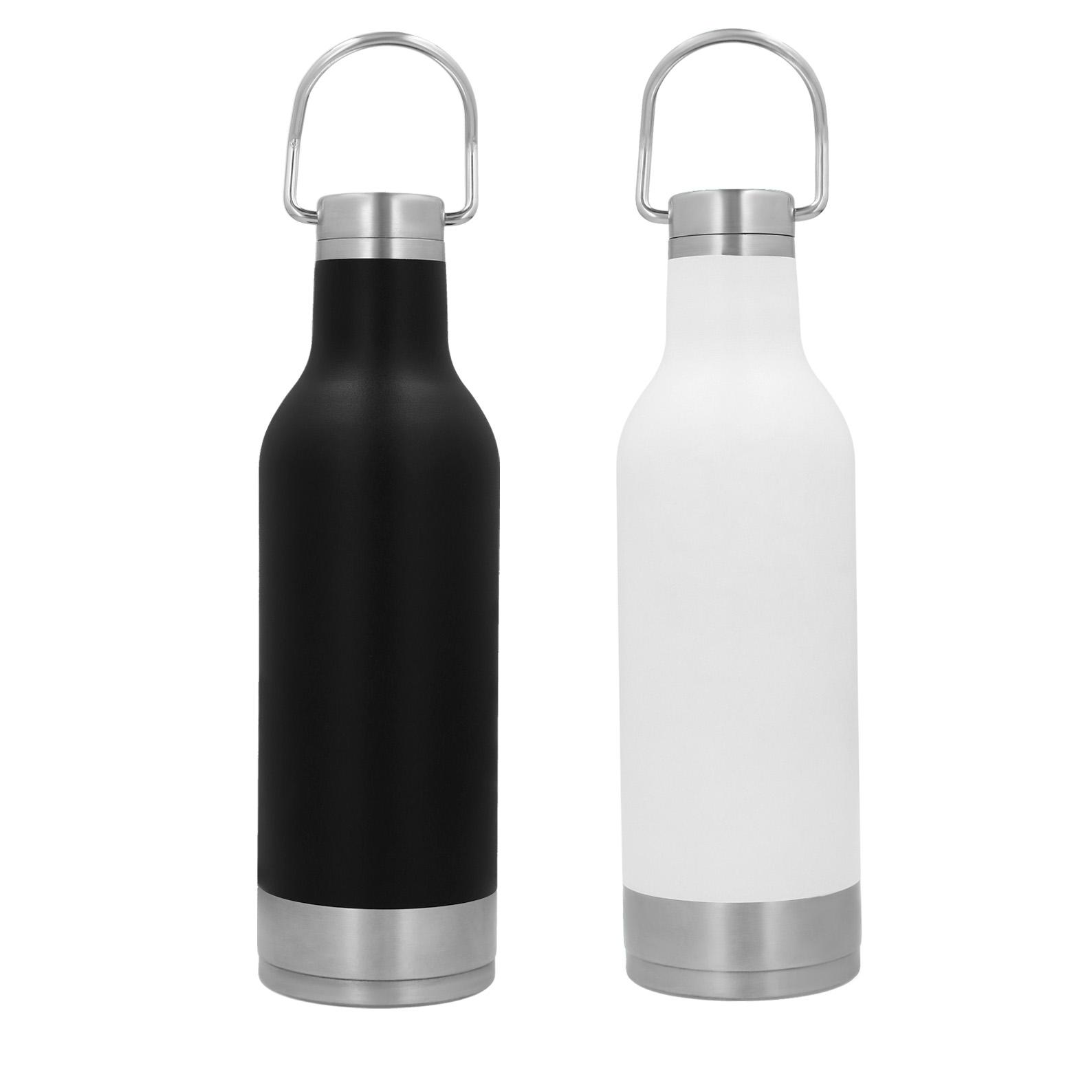 Termo con doble pared de acero inoxidable, tapa con asa metálica enroscable y base de metal. BLANCO