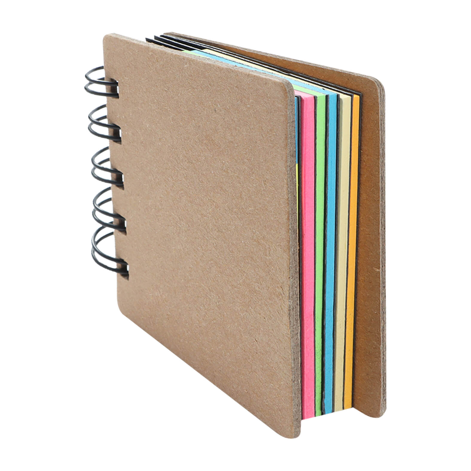 Libreta ecológica con espiral, con 6 hojas negras que incluyen notas adhesivas de diferentes colores. CARTON