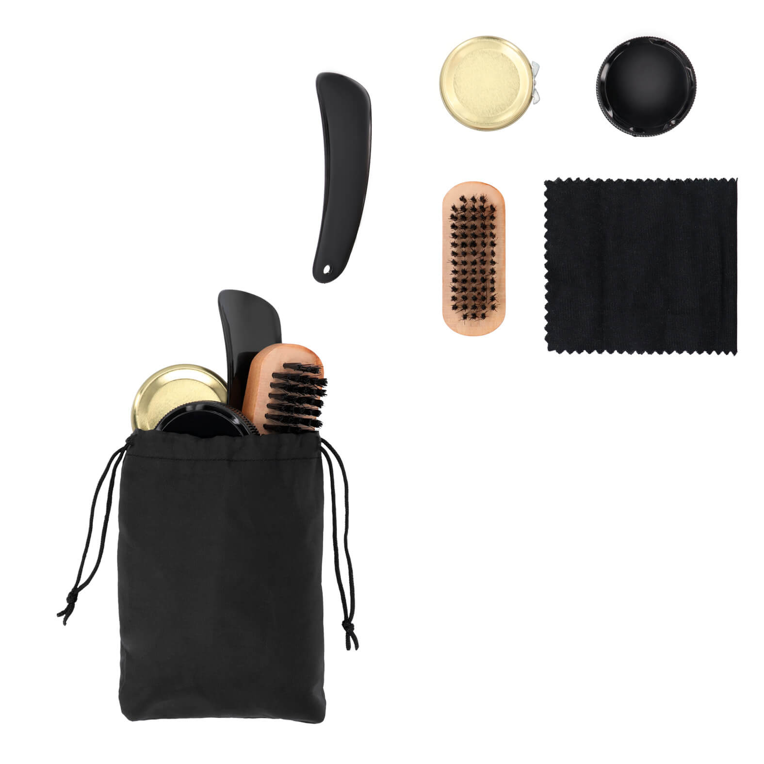 Set de boleado para calzado con estuche de poliéster y correa ajustable que incluye: calzador, cepillo de madera, paño, lustrador con esponja y grasa en crema color negro. UNICO