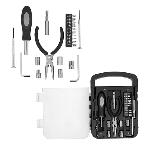 Set de herramientas que contiene 1 desarmador con 10 puntas intercambiables, 5 dados, 2 desarmadores de precisión, 2 llaves allen y adaptador para dados. Incluye estuche. NEGRO