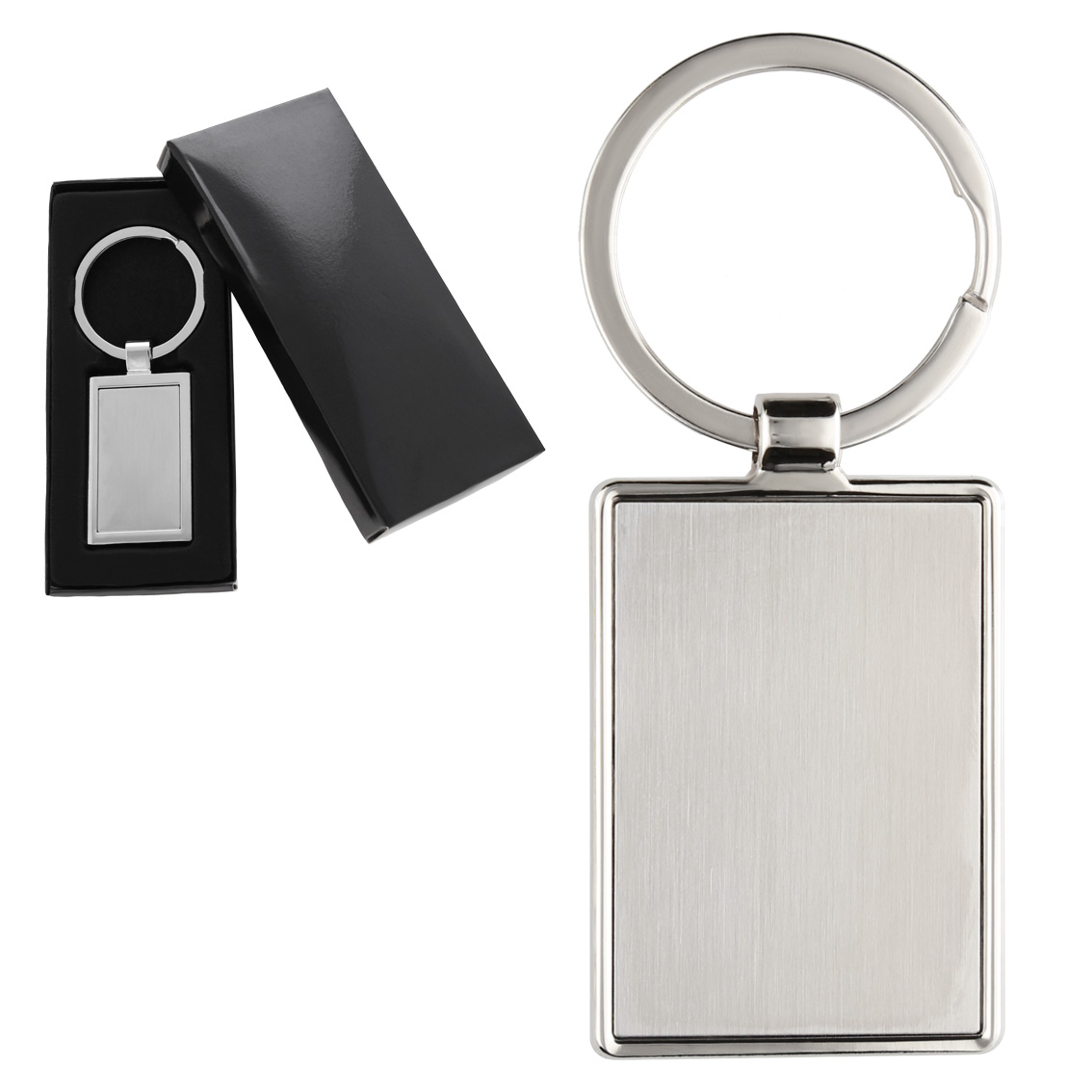 Llavero metálico de placa solida en forma rectangular con arillo reforzado. PLATA