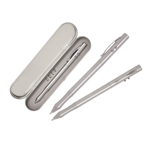 Bolígrafo metálico con luz blanca, señalador láser y tinta negra. (incluye estuche con 3 pilas de repuesto). PLATA