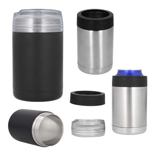 Porta latas con doble pared de acero inoxidable y tapa enroscable de plástico transparente con aditamento para convertirse en termo. NEGRO