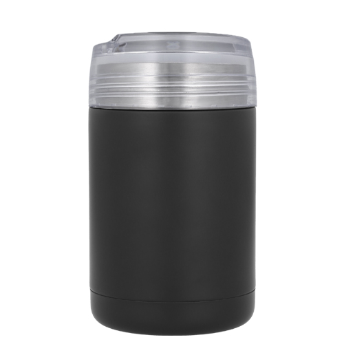 Porta latas con doble pared de acero inoxidable y tapa enroscable de plástico transparente con aditamento para convertirse en termo. NEGRO