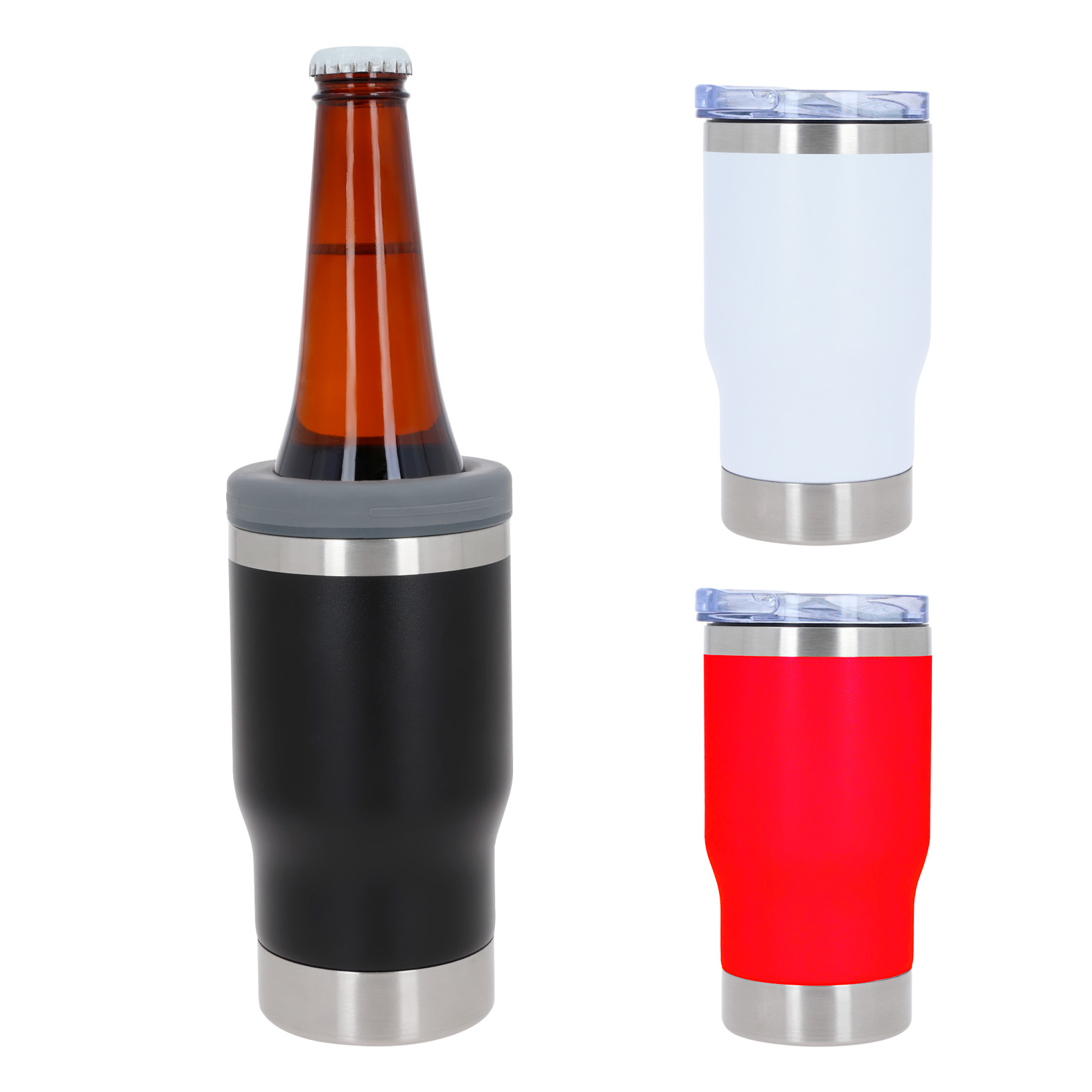 Termo con doble pared de acero inoxidable, acabado rugoso, base con destapador y tapa enroscable intercambiable, sirve como porta latas y porta botellas. BLANCO