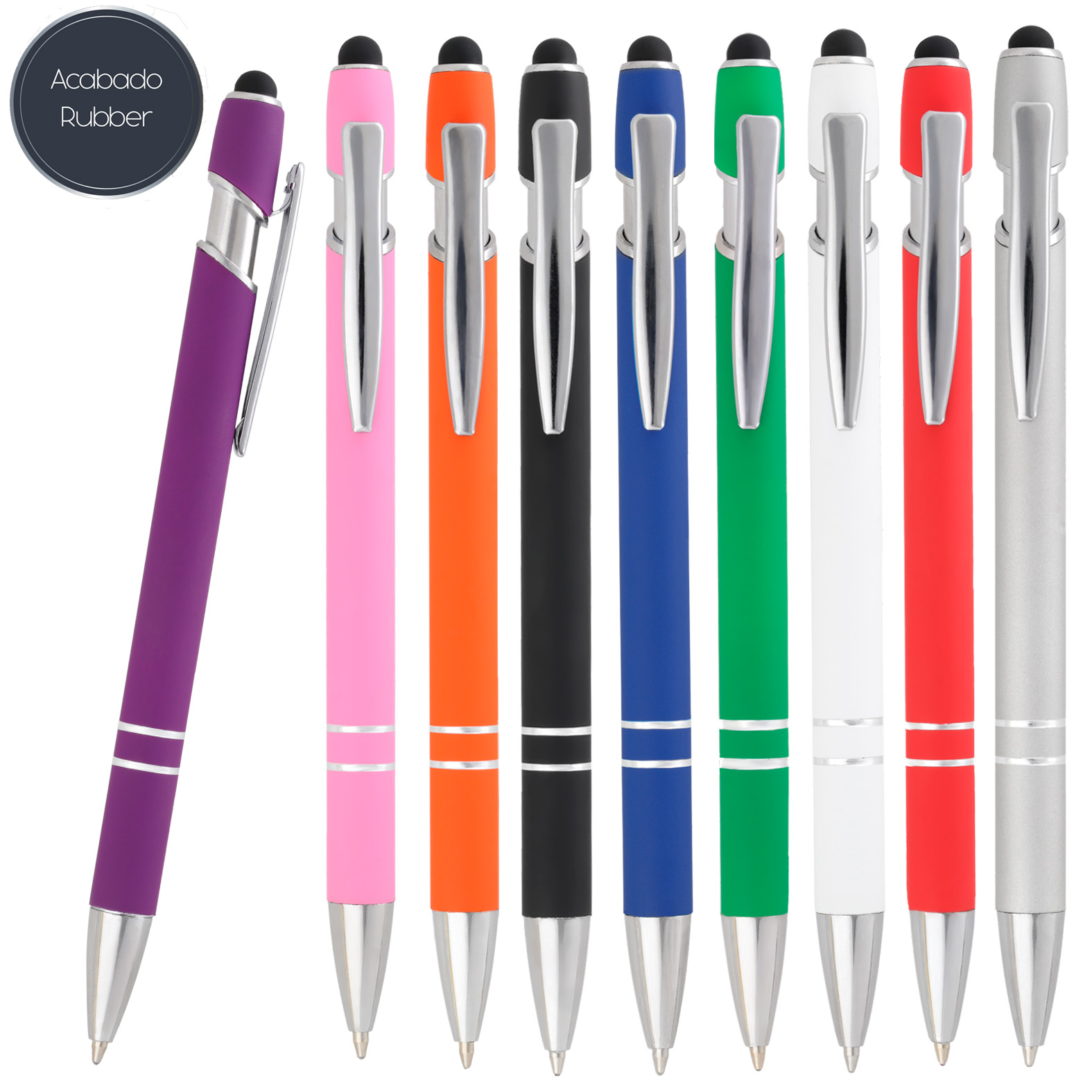 Bolígrafo metálico con acabado rubber, goma touch screen, clip y mecanismo de click. AZUL