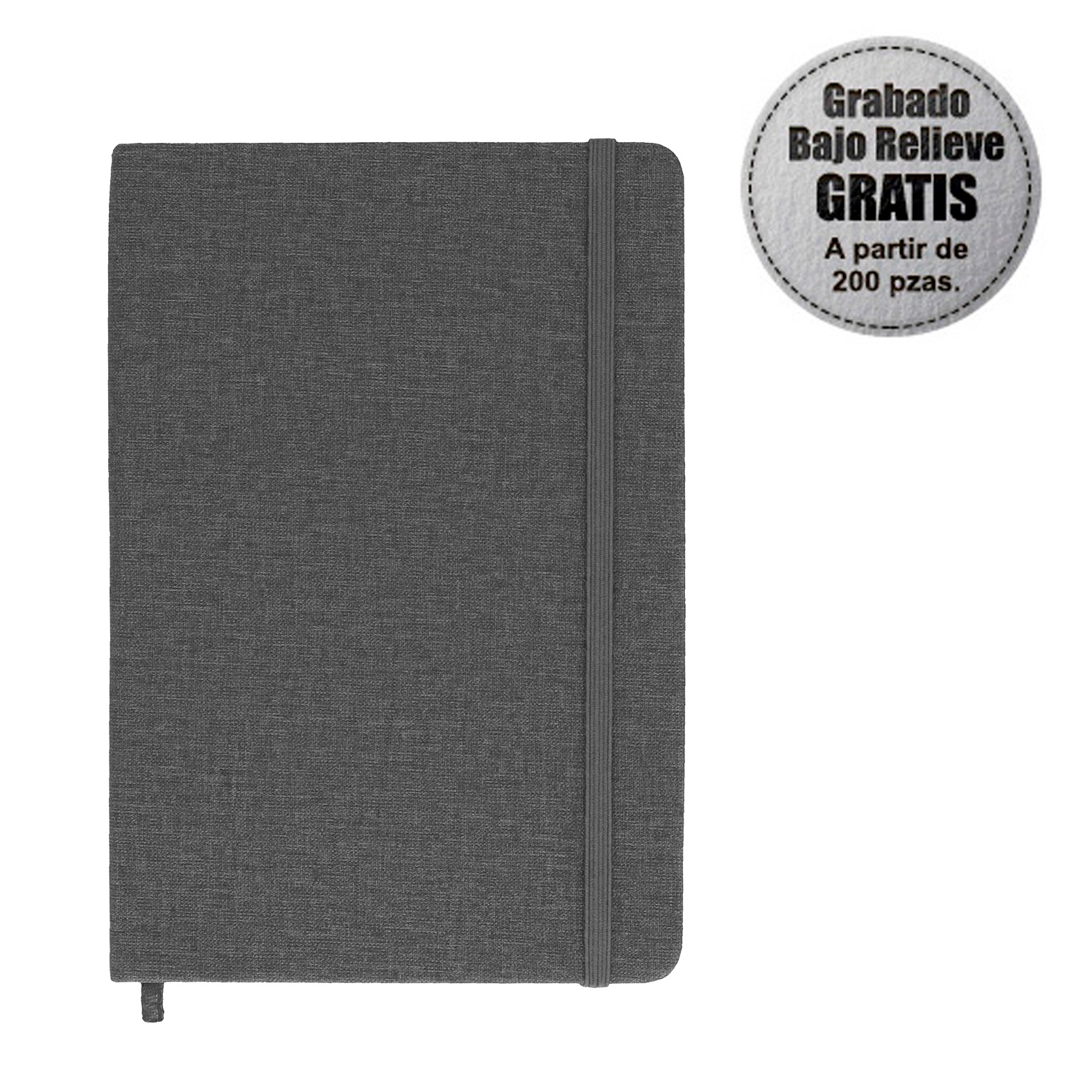 Libreta de poliuretano, banda elástica para sujetar cubierta y separador, con 90 hojas rayadas. GRIS