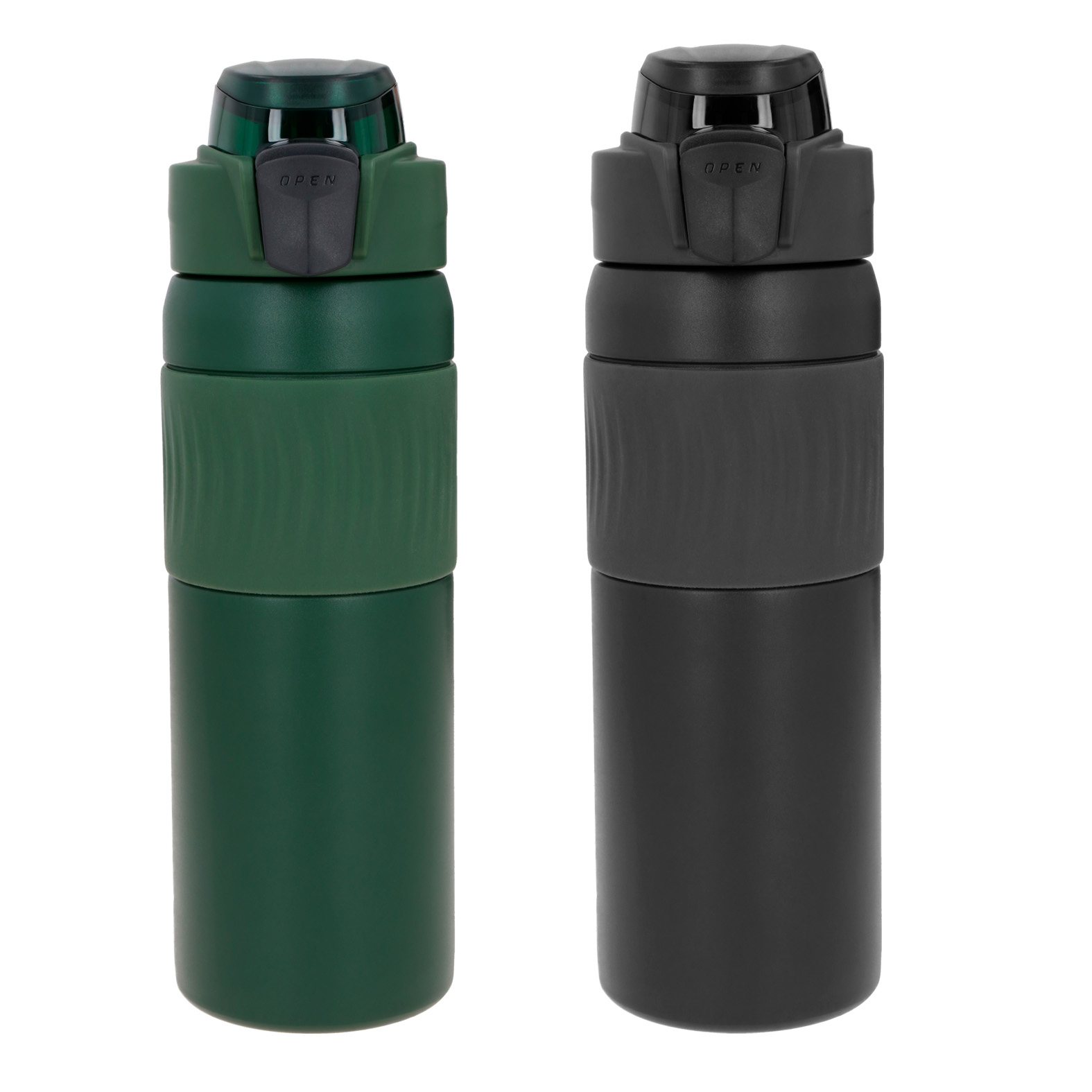 Termo de doble pared de acero inoxidable, insulado al vacío, acabado rugoso, con manga de silicón, tapa enroscable, asa y botón con candado de seguridad. NEGRO