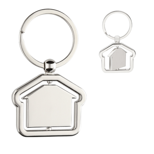 Llavero de metal en forma de casa, placa sólida y silueta girable con arillo reforzado. PLATA