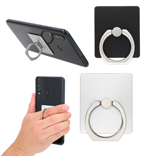 Popsocket rectangular de plástico con anillo metálico. NEGRO