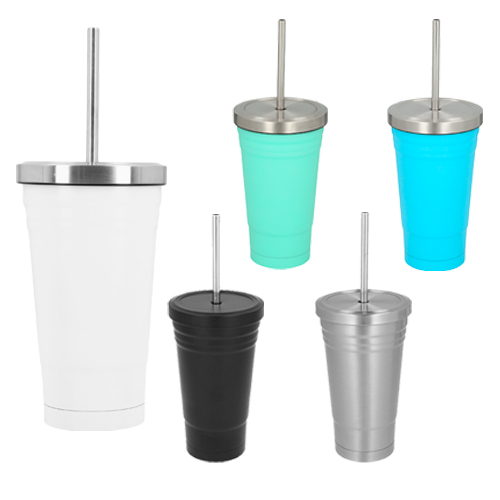 Termo con doble pared de acero inoxidable y tapa enroscable. Incluye popote metálico. AZUL CLARO