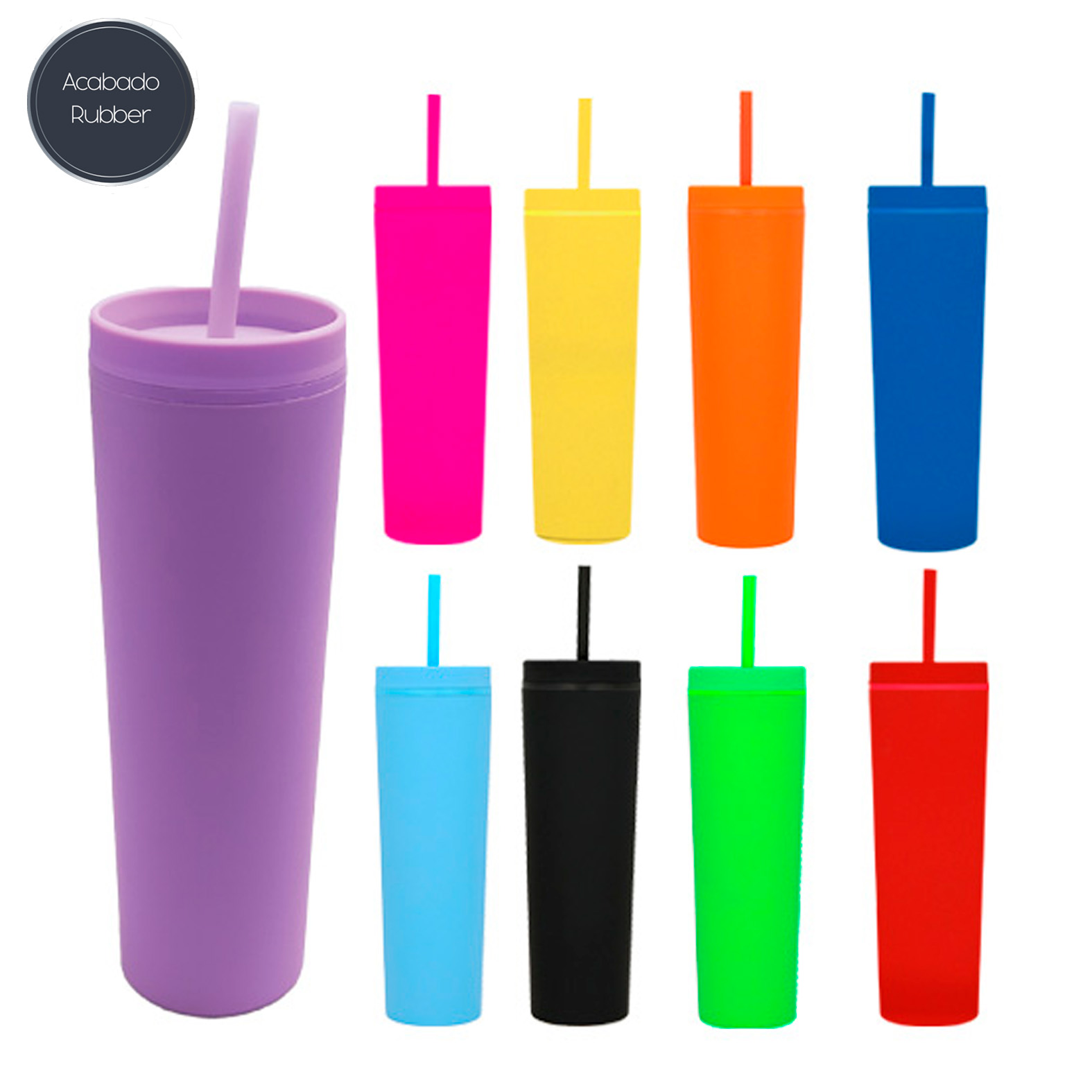 Termo de plástico con doble pared, tapa enroscable y acabado rubber. Incluye popote de plástico. AMARILLO